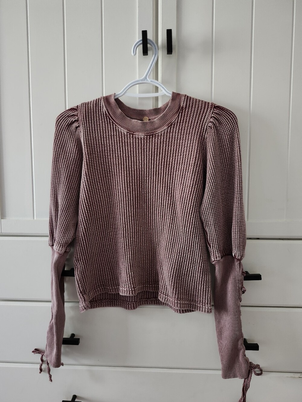 Free People Washed Look Waffle Knit Puff Sleeve Top in Dusty Rose Sz Xs/S